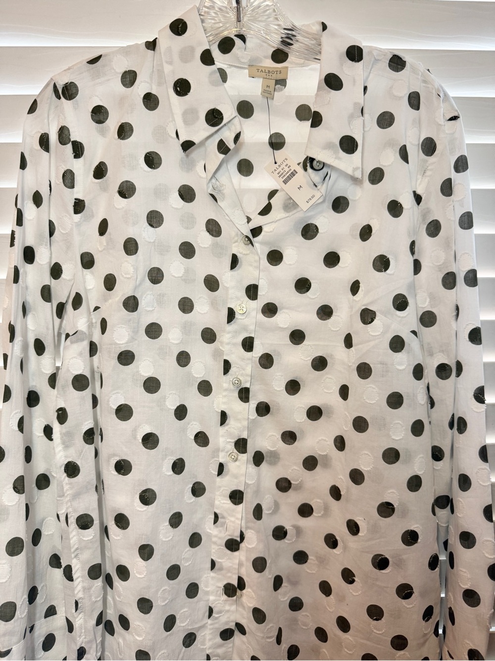 Talbots White Button-Down Shirt with Army Green Polka Dots